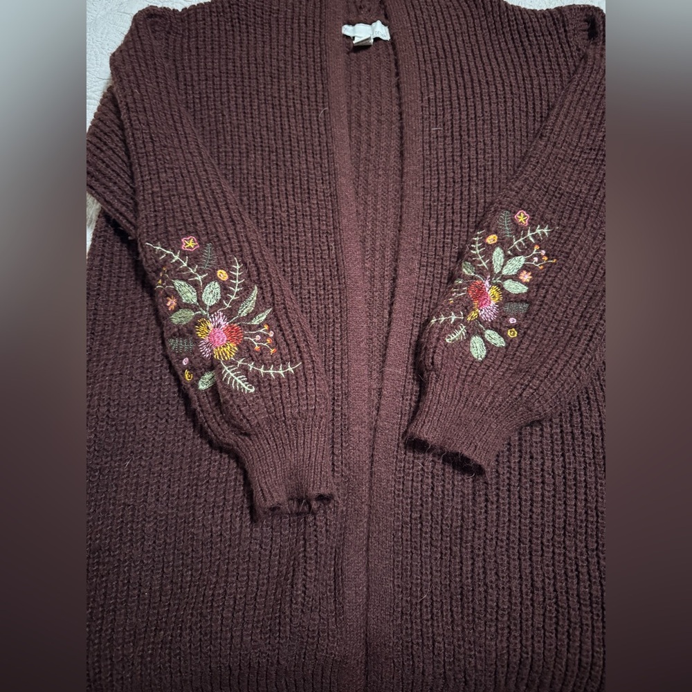 Embroidered Brown Hooded Open Front Sweater